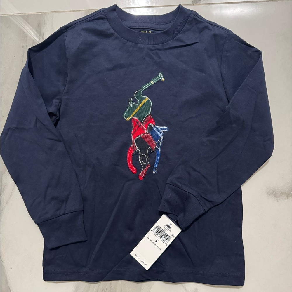 Ralph Lauren Navy Long Sleeve with plaid  polo logo Embroidery
